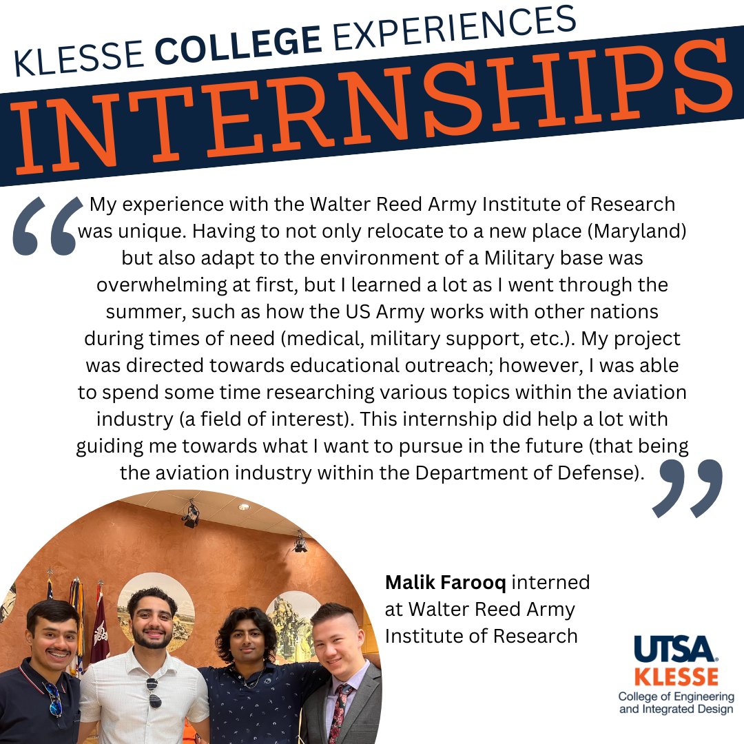 <a href="/UTSA/">UTSA</a> engineering student Malik Farooq spent the summer at <a href="/wrair/">WRAIR</a> for his internship. While he was able to participate in educational outreach, he also learned more about how he can explore aviation.
Learn more about our #internship program!
bit.ly/48pblRx
#utsa