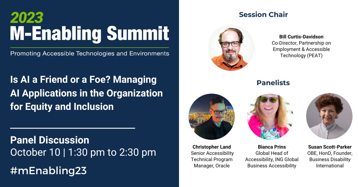 Is AI a Friend or a Foe? Managing AI Applications in the Organization for Equity and Inclusion @BCurtisDavidson (@PEATWorks) in conversation with Christopher Land (@Oracle), @BiancaPrins (ING), and Susan Scott-Parker (Business Disability International)