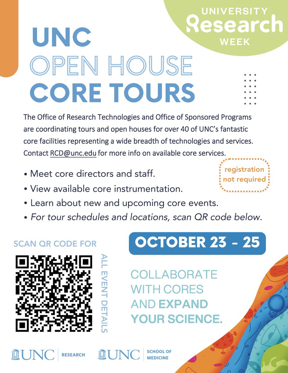 Save the dates! Come tour our UNC core facilities October 23-25 during @UNCResearch Research Week! Over 40 of our cores will be represented at this event--come chat with core directors and staff and see where the science happens #uncresearchweek @unc_our med.unc.edu/corefacilities…