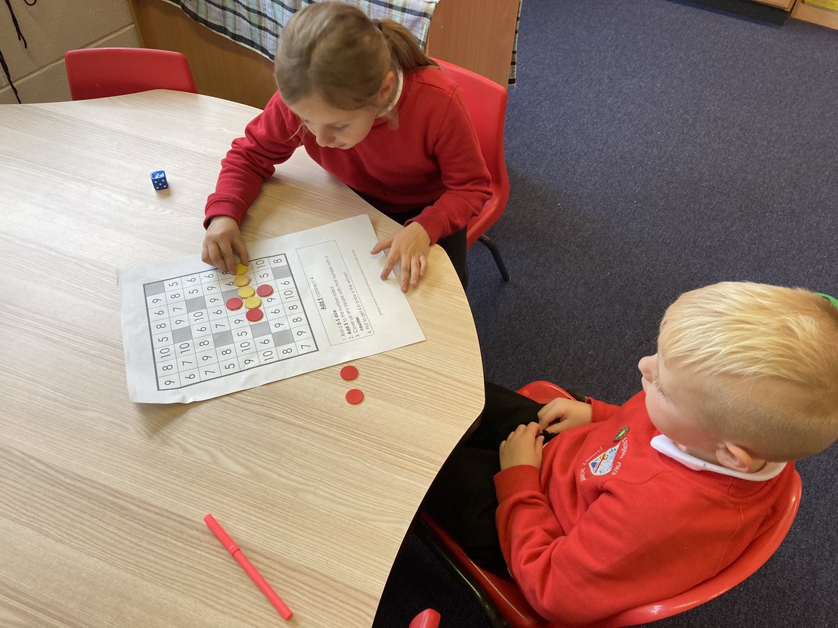 CP12022's tweet photo. Playing games helps practise our numeracy skills. Roll the dice add on 5 place your counter on the answer. Can you get 4 in row? https://t.co/dGzorNXP9F