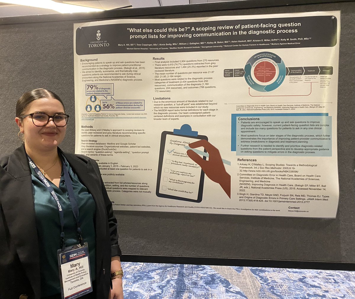 MaryAHillMS's tweet photo. Proud to present lots of patient oriented diagnostic safety research at #SIDM2023 this week! Do you think I’ll be the only one with hashtags in my  poster? 🤔😂🤷‍♀️ @ImproveDX @KellySmithPhD https://t.co/n1OnC95LGD