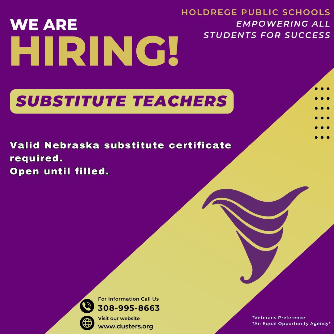 HoldregeDusters's tweet image. We have openings for substitute teachers at Holdrege Public Schools. Applications can be complete online: dusters.org/district/human…

Requirements for a local certificate:
education.ne.gov/tcert/substitu…

CCC offers a Two-Week Online Course for Substitute Teachers: cccneb.edu/educ