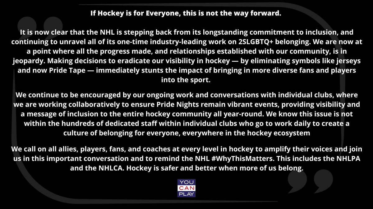 You Can Play speaks on the NHL’s decision to disallow pride symbols of any kind, including Pride jerseys and Pride tape on the ice for warm ups and games.