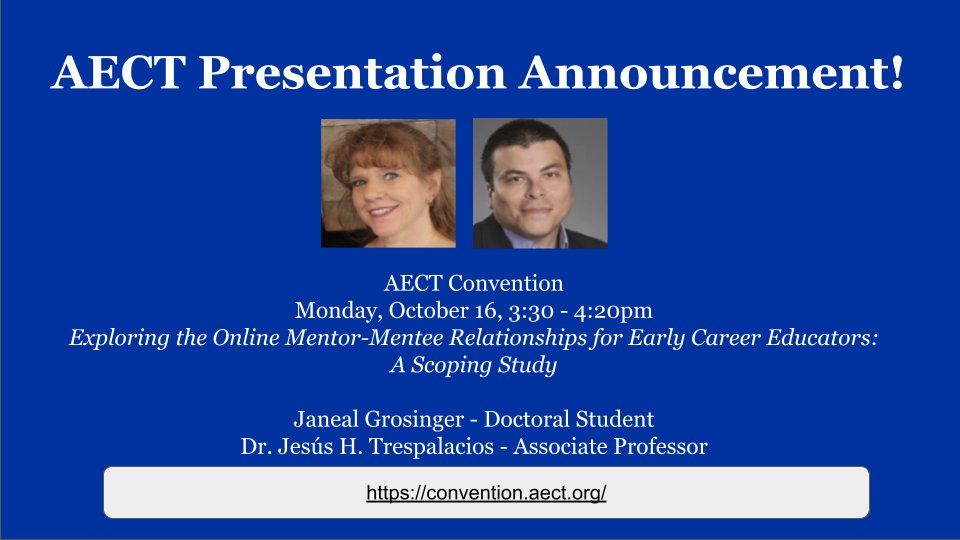 EDTECH@Boise State (@edtechbsu) on Twitter photo Join us for our <a href="/AECT/">✵ AECT ✵</a> presentation Exploring the Online Mentor - Mentee Relationships for Early Career Educators October 16, 3:30-4:20 PM EST Doc Student Janeal Grosinger <a href="/GrosingerJaneal/">Janeal Grosinger</a> Assoc Prof Dr. Jesus H. Trespalacios @JHTrespalacios <a href="/edtechbsu/">EDTECH@Boise State</a> <a href="/OnlineBoise/">Boise State Online</a> #Edtech Join us for our <a href="/AECT/">✵ AECT ✵</a> presentation Exploring the Online Mentor - Mentee Relationships for Early Career Educators October 16, 3:30-4:20 PM EST Doc Student Janeal Grosinger <a href="/GrosingerJaneal/">Janeal Grosinger</a> Assoc Prof Dr. Jesus H. Trespalacios @JHTrespalacios <a href="/edtechbsu/">EDTECH@Boise State</a> <a href="/OnlineBoise/">Boise State Online</a> #Edtech