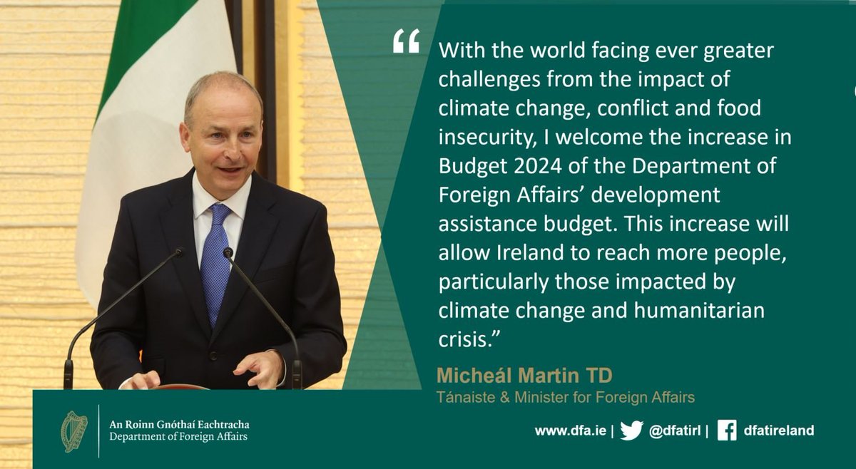 dfatirl's tweet photo. Tánaiste @MichealMartinTD has welcomed #Budget2024 as investing in Ireland's place in the world.

The Budget includes increased investment in development assistance, climate finance and supporting reconciliation on the island of Ireland.

Read more 👉https://t.co/EOI3Fs9cEe https://t.co/dtQVEZ4ppq