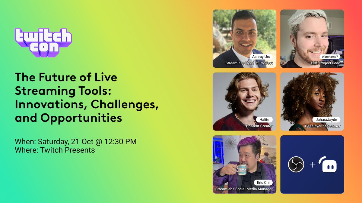 We are thrilled to announce our panel alongside our friends at @OBSProject and creator partners at #TwitchCon! Join @JaharaJayde, @halite_hunter, @Warchamp7, @ashrayurs, and host @nubbinsinc as we discuss how both creators and developers help shape the future of live streaming!