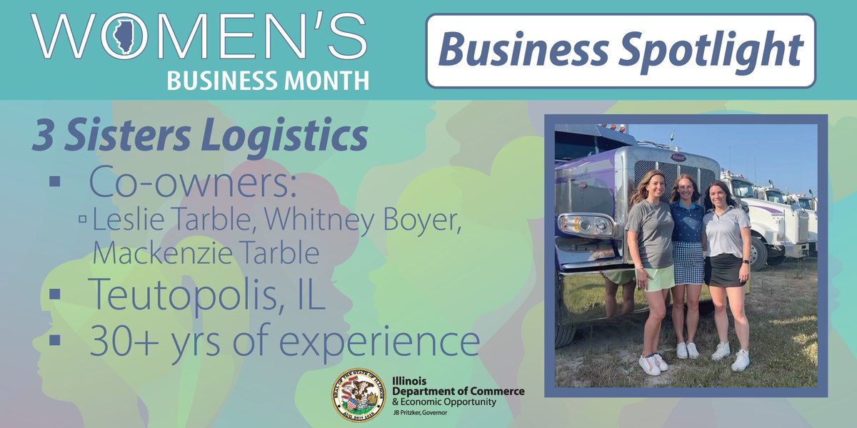 October is Women’s Business Month! DCEO is highlighting some of the state's outstanding women-owned businesses. Learn more about Leslie Tarble, Whitney Boyer, & Mackenzie Tarble, co-owners of 3 Sister’s Logistics in Teutopolis. Read more: bit.ly/3FcXmRs