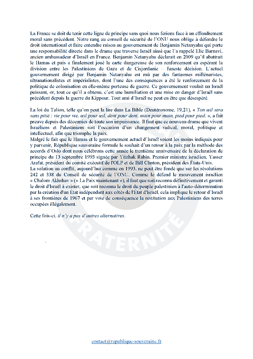 Vukuzman's tweet image. "Œil pour œil et le monde finira aveugle" (Gandhi)
Communiqué de presse sur les évènement tragiques qui surviennent en #Israël et dans la bande de #Gaza.

@RSouveraine (RS) a condamné et condamne sans réserve les attaques terroristes du Hamas contre Israël et en particulier le