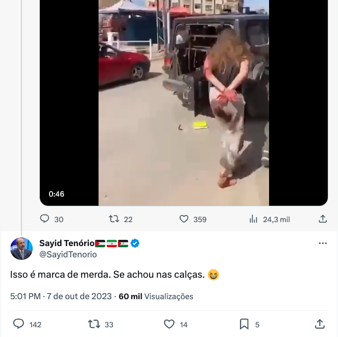 Burgos's tweet photo. Este é um colunista do Brasil247, veículo que recebe dinheiro de publicidade estatal (inclusive para campanhas contra fake news). Mais de 50 mil seguidores nesta rede. Comentando sobre uma mulher raptada pelos terroristas. https://t.co/Gd4jkXsr3i