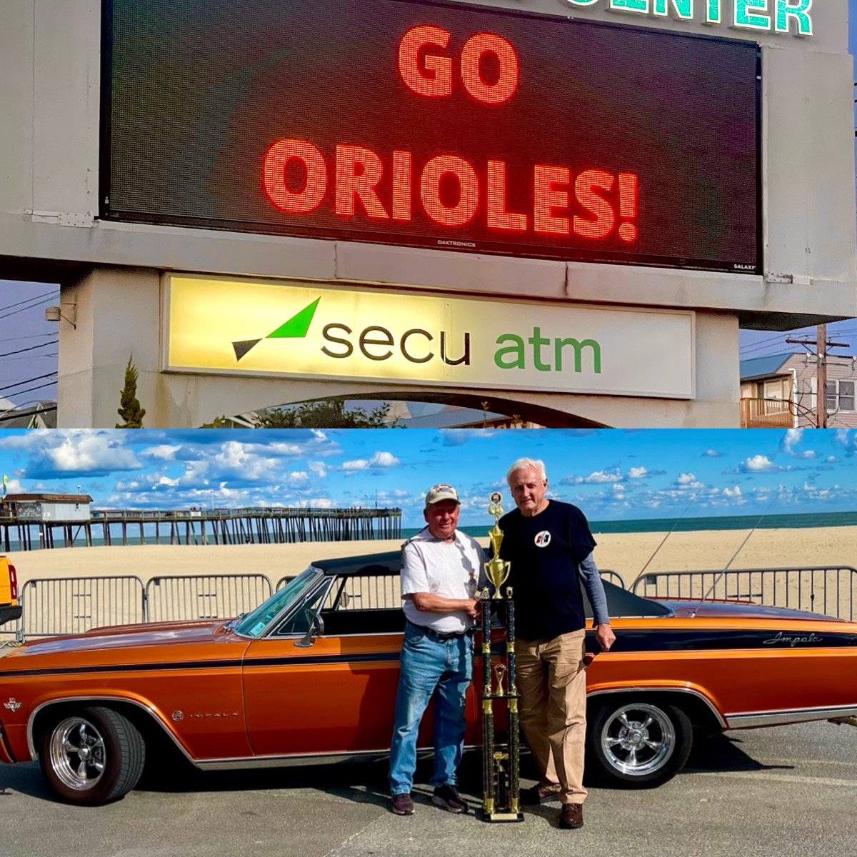 Welcome to”Another Beautiful Day in Ocean City Md.”! Let me hear you CHEER as we root our O’s to a great win tonight against Texas Rangers! Revvin’It Up&amp;Cruisin’OC in the O’s Mobile for a BIG ⚾️’s win tonight! Go O’s!
*Thank you OC Mayor Meehan for lightin’up the signs around OC!