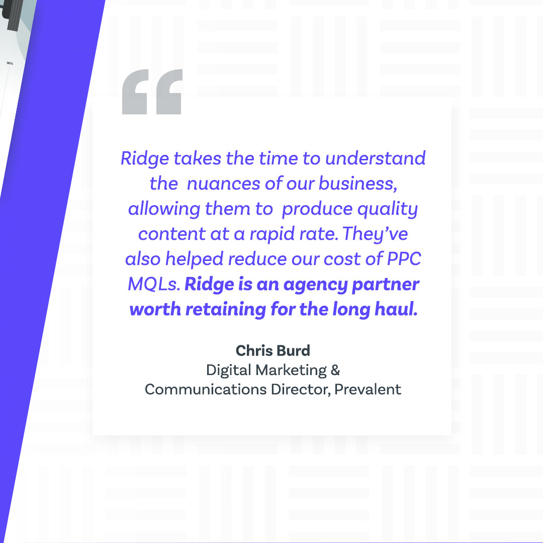 ridgemarketing's tweet photo. From information-rich content and videos to search and ad performance optimization, we've helped Prevalent keep their marketing efforts paying dividends since 2017.

Our efforts have helped reduce cost per marketing qualified lead by 35%. Learn more: https://t.co/PGmeNHys2G https://t.co/YIsISmhtVz