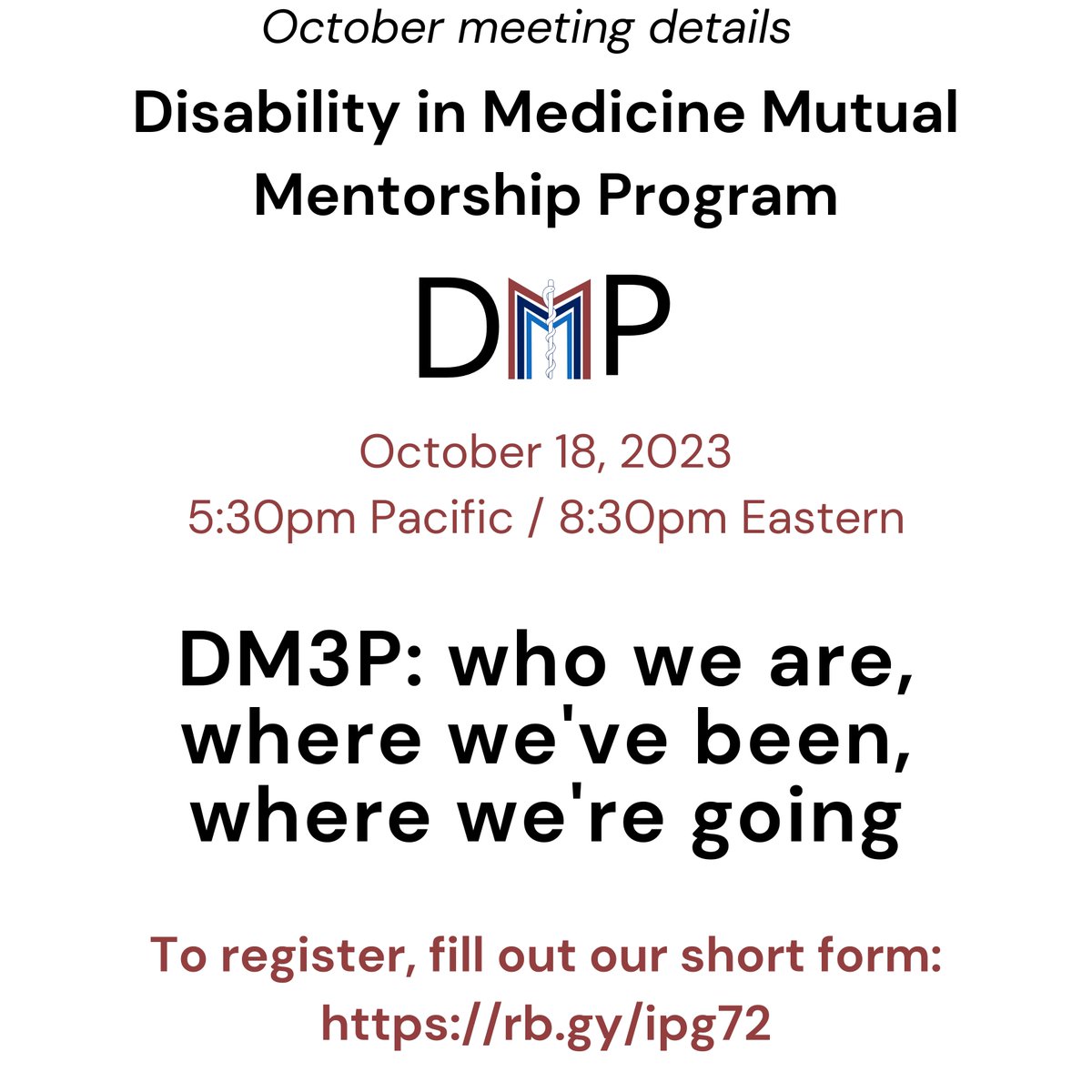 DM3P_Social's tweet photo. Oct 18th (Wed) is our monthly meeting!

"DM3P: Who We Are, Where We've Been, Where We're Going"

Join us at 5:30 PT/8:30 ET for our Progress &amp; Plans report!

Note: New attendees must submit their info to DM3P in advance for a Zoom registration link.

1/2 https://t.co/ZROJxFAVKa