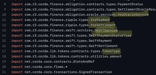 R3 Corda Settler code which shows the hooks into an #XRP Oracle alongside SWIFT