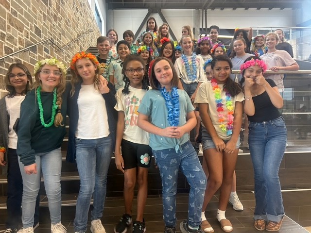 HPetersonMS's tweet photo. HAPPY week continues as we celebrate Hawaiian Day to harness our inner Beach best self. Our 6th, 7th, 8th graders and Coaches joined in on the fun.  @kerrvilleisd  #kisdinspires #TogetherWeCan https://t.co/s00t3ZCXF4