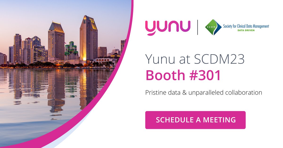 Yunu_Inc's tweet image. Join us at the #SCDM23 Annual Conference! Discover the future of data management and clinical research at our booth #301. Engage with our experts, witness live demos, and stay ahead of the curve. Be part of the innovation! #SCDM2023 #ClinicalResearch #DataManagement