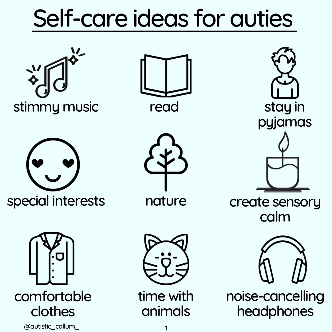 In honour of #WorldMentalHealthDay, I thought I’d share with you some self-care ideas that I’ve collated specifically with autistic people in mind (many of which non-autistic people may find helpful as well).

What helps you when you’re feeling low? 💙⬇️