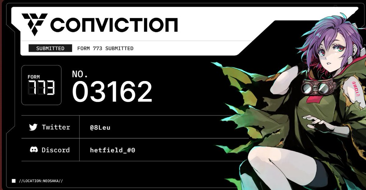 8Leu's tweet photo. Just completed Form 773 for an Access Pass. @CvNanami is recruiting people into Neosaka, so she checks the answers herself. Complete Form 773 at @ConvictionStd #FORM773 β‘οΈβ‘οΈπ https://t.co/XohvTuHnll