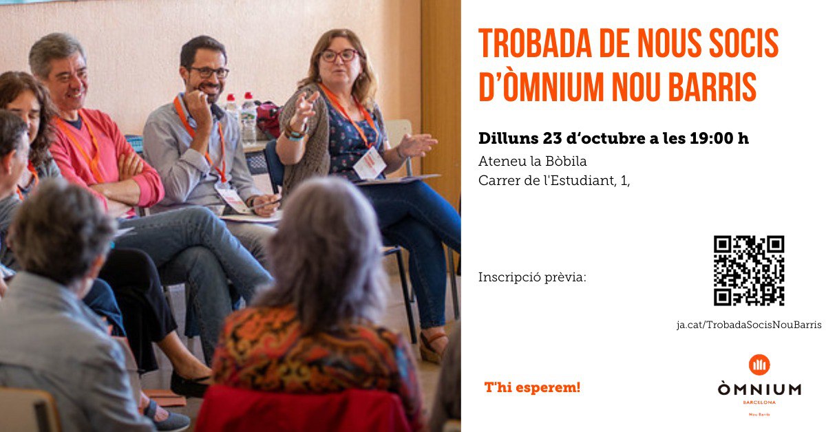 OmniumNouBarris's tweet photo. Convidem a tots/es els/les nous/ves socis/es d'@OmniumNouBarris  a una trobada el proper 23/10/2023 a l'@Ateneu_laBobila #noubarris
També als voluntaris/es si volen venir https://t.co/YObG0mtjIY