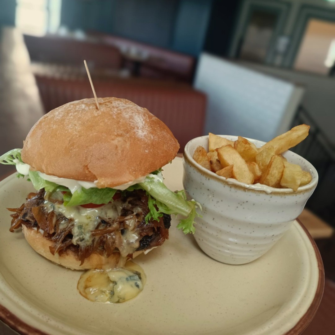 Anyone for an Organic Dexter Beef Burger covered in Cashel Blue Cheese and Caramelised Organic Onions, with seasonal greens to add a fresh crunch? (if that takes too long to say, you can just ask for the "Blue Cheese Burger!")