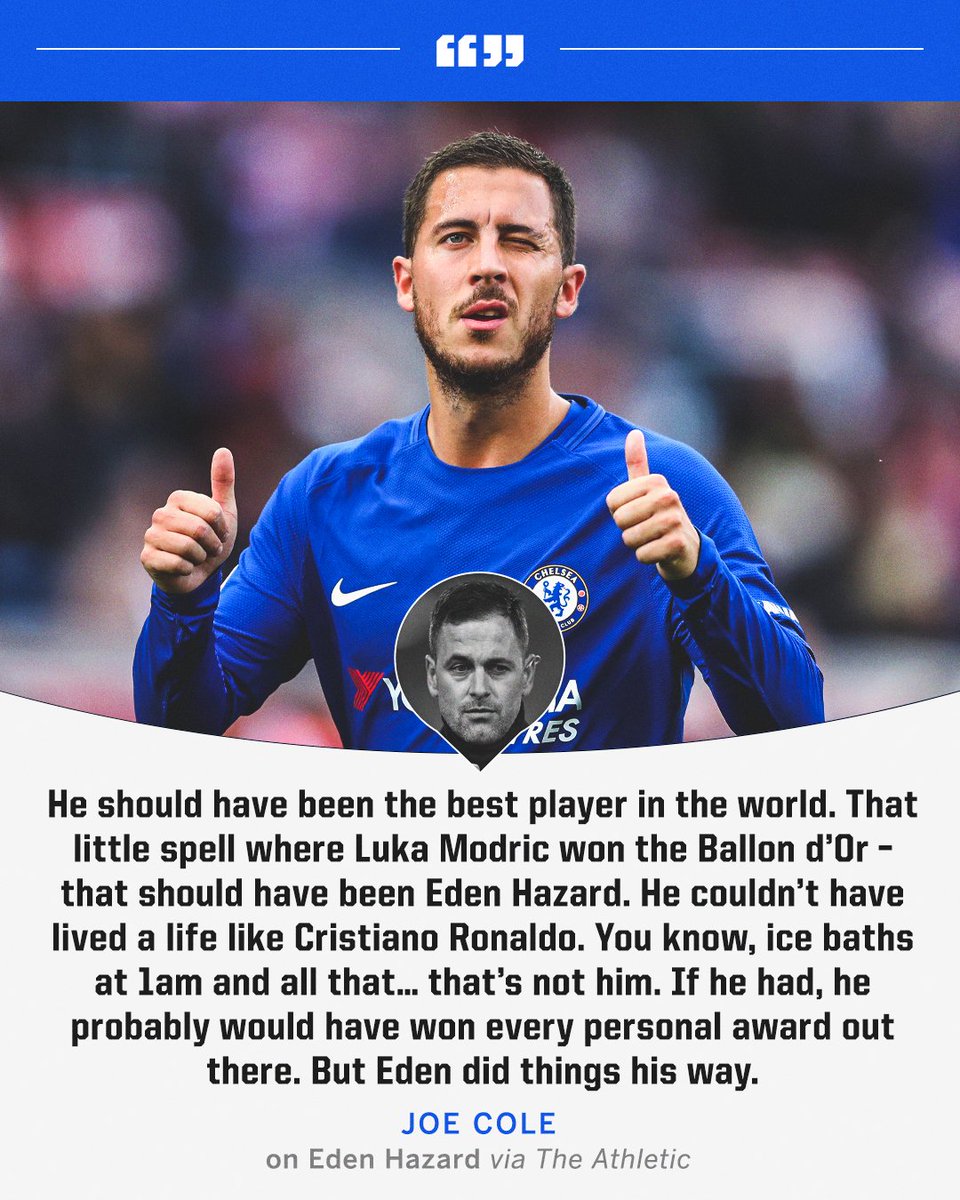 ESPNFC's tweet image. Joe Cole thinks Eden Hazard could have been the best player in the world if he had Cristiano Ronaldo's mentality 👀