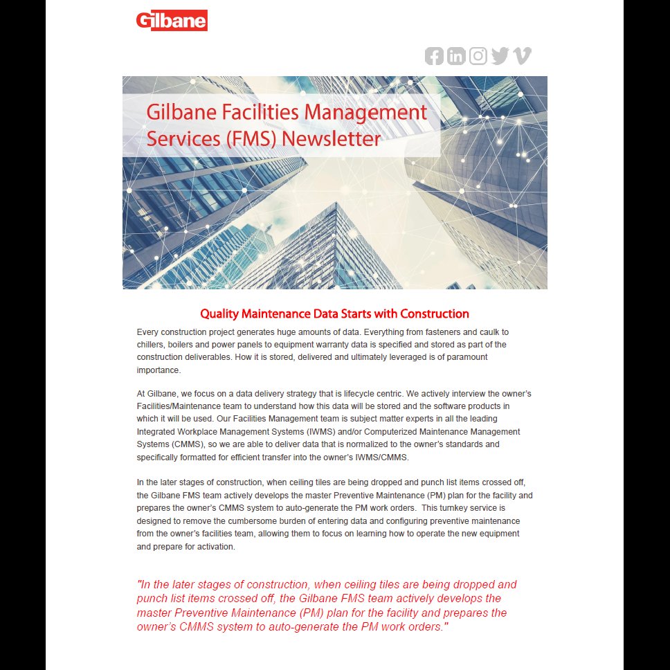 In this <a href="/GilbaneFMS/">GilbaneFMS</a> blog, learn about how leveraging construction turnover data improves the built environment, employee safety and Operations &amp; Maintenance efficiency. #maintenance #building #facilitiesmanagement #FacilitiesMgmt #data Click the following linkedin.com/feed/update/ur…