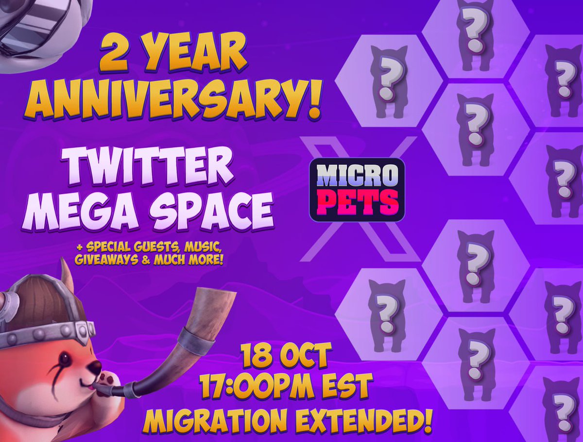 MicroPets_io's tweet image. Attention MicroPets Community! 🐕

With our 2 Year Anniversary coming up, we are thrilled to announce our upcoming Twitter Megaspace with Special Guests, Prizes, and much more! 🥳

Join us on: 18th Oct 17:00pm EST 📅
x.com/i/spaces/1jMKg…

We also have a MAJOR UPDATE for our…