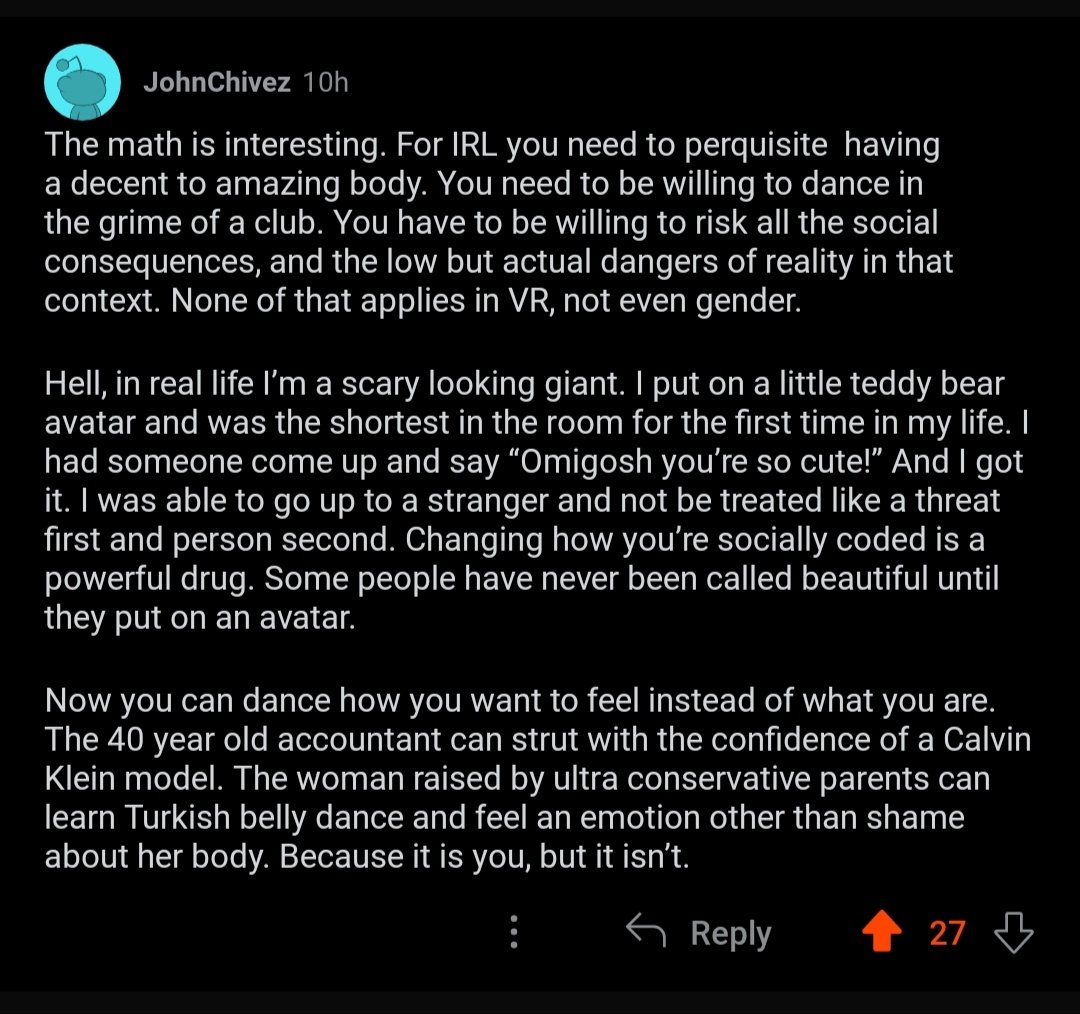 Random Reddit comment I found, talking about dancing in VR. I thought I would share it here.