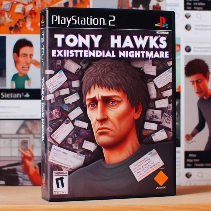 AIGenGames's tweet photo. Title: Tony Hawk's Existential Nightmare
Genre: Psychological Thriller
Platform: Sony PlayStation 2
Released in 2005 https://t.co/f2wq4QBPjs