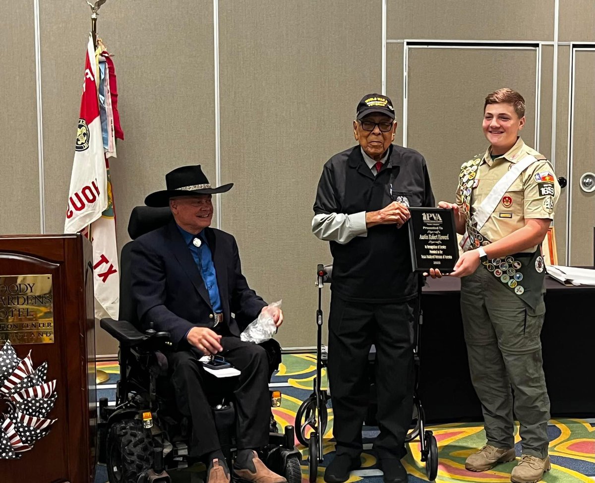 Charles A. Mills might be the oldest living Boy Scout at 103! Still active in the Scouts, Charles joined in 1934. He recently spoke at the @PVA1946 Paralyzed Veterans of America, Jack Sanders Award Banquet in Galveston TX. On hand was Boy Scouts Troop 1659 Spring TX. @BSAmerica