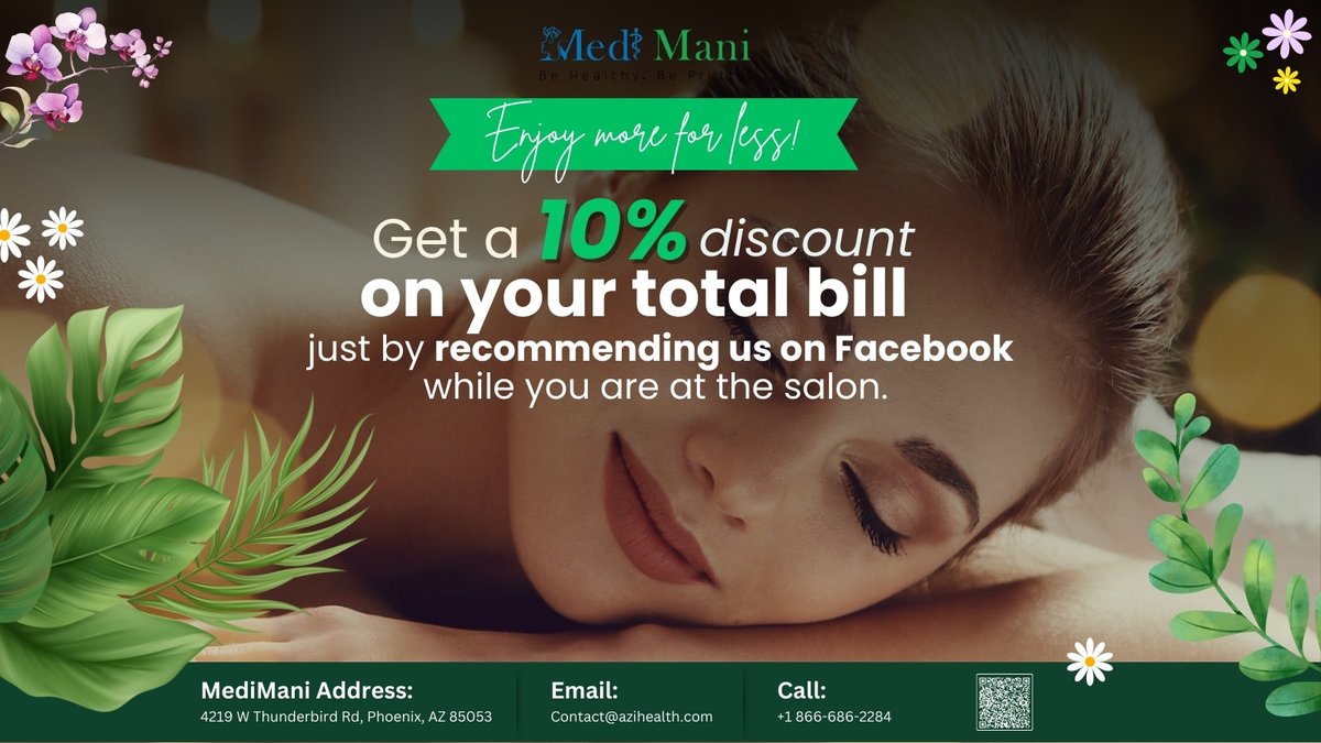 🌟 Enjoy more for less! 💆‍♀️ Save 10% on your total bill by recommending us on Facebook while you are at the salon. 😍 Spread the love and get your discount today! 💅

#MediManiPromo
#DiscountDeals
#SalonSpecials