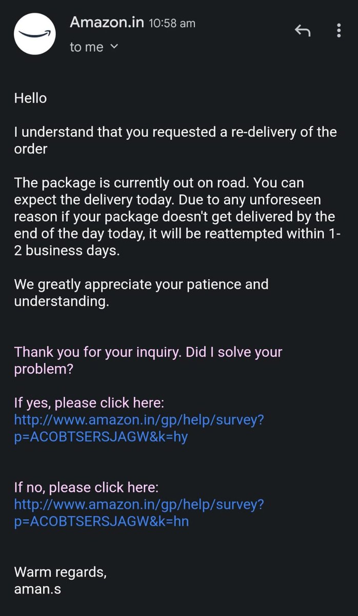 debxdrita's tweet image. 4/8: Again same thing happened the next day. Mr. Rajni, the customer service agent and Mr. Aman, the local delivery center manager assured in call and mail that I would get the order by end of the day.
#AmazonIssues #AmazonFailedDelivery