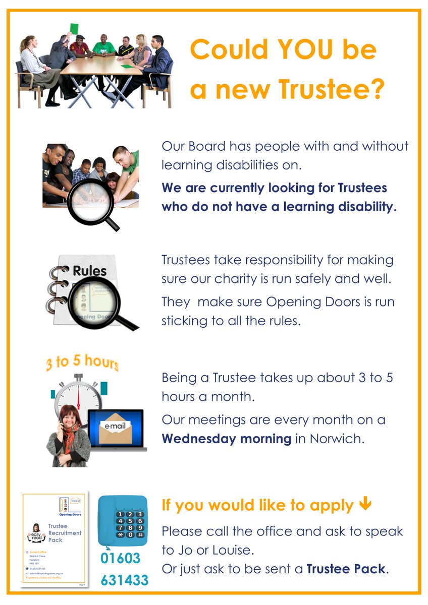 Could YOU be a new Trustee at Opening Doors? 
Are you keen to help us build for the future and do even more to make sure people with #LearningDisabilities in #Norfolk lead #HealthyHappySafe lives? 
openingdoors.org.uk/uploads/images…