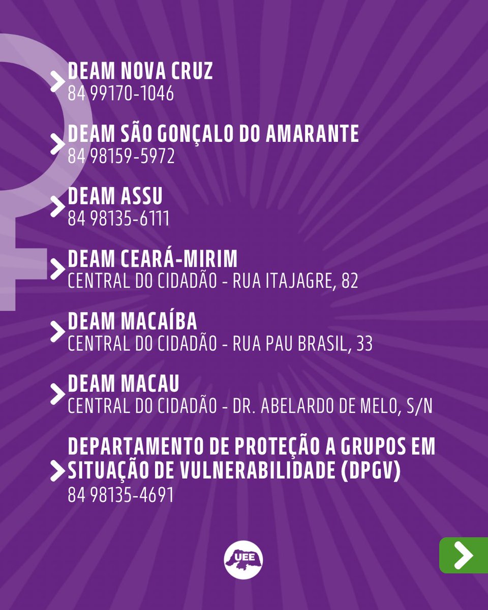 uee_rn's tweet photo. 🖐🏾Não existe tolerância para violência contra a mulher! Viu algum caso? Intervenha, defenda e denuncie através do 180. 

A Uniao Estadual dos e das Estudantes disponibiliza o contato das Delegacias Especializadas de Atendimento à Mulher em diferentes regiões do estado. 

#UEERN + https://t.co/YwZ8Bl4Z6h