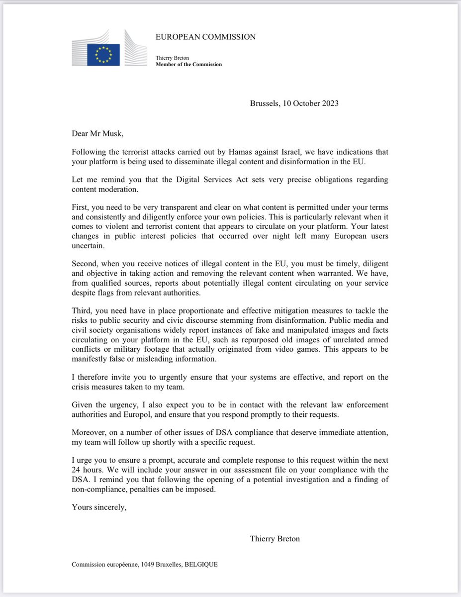 Following the terrorist attacks by Hamas against 🇮🇱, we have indications of X/Twitter being used to disseminate illegal content & disinformation in the EU. Urgent letter to @elonmusk on #DSA obligations ⤵️