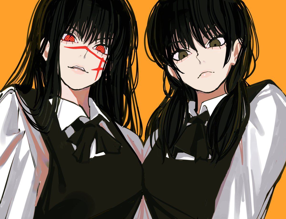multiple girls 2girls black hair scar on face scar ringed eyes simple background  illustration images