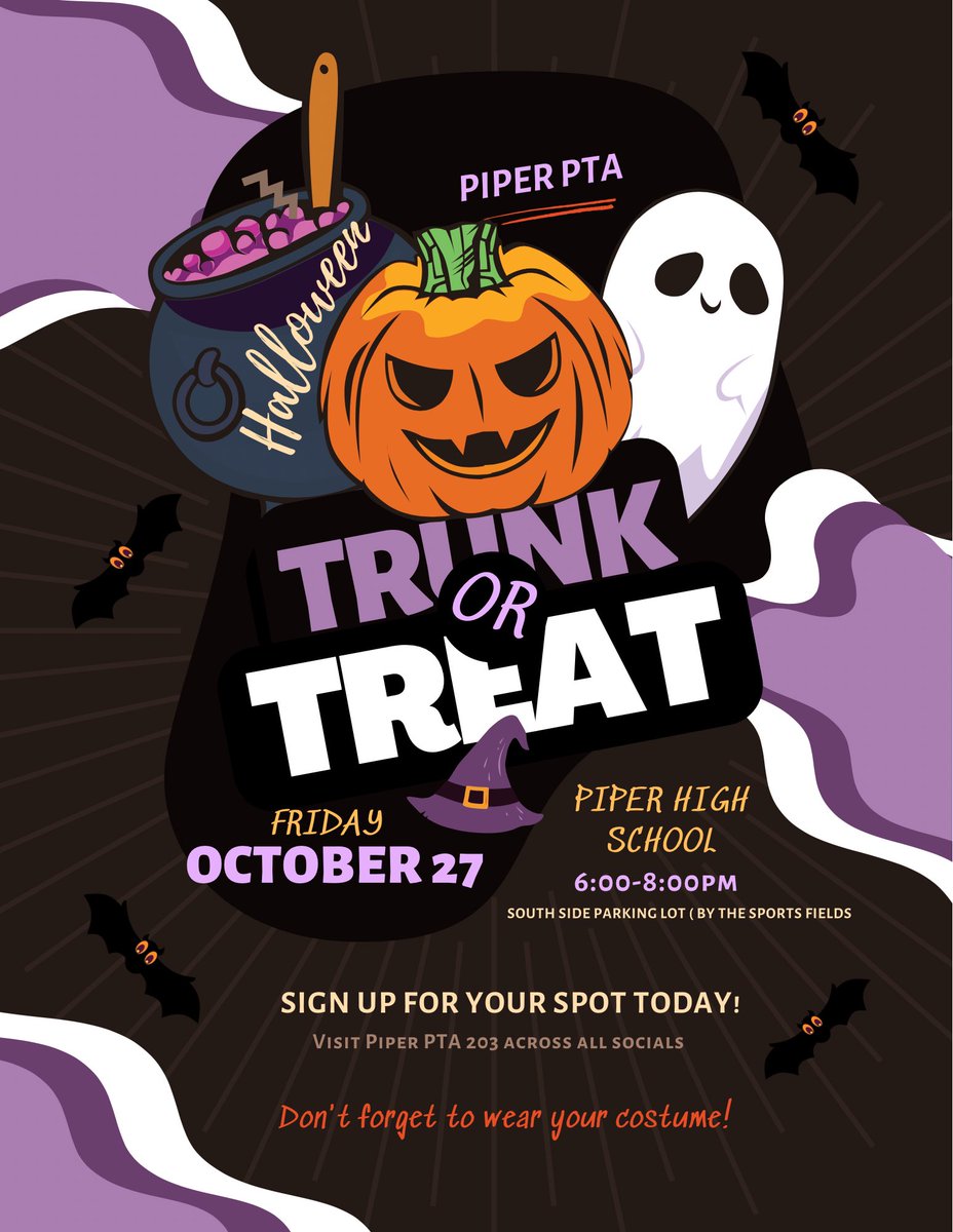 Piperpta203's tweet photo. 🎃 Join us for a spooktacular time! Piper Piper PTA is hosting a Trick-or-Treat event on October 27th at Piper High School. Sign up today to decorate your trunk and be part of the fun.

https://t.co/tIbvdI6RSV https://t.co/jQQnqfn2Td