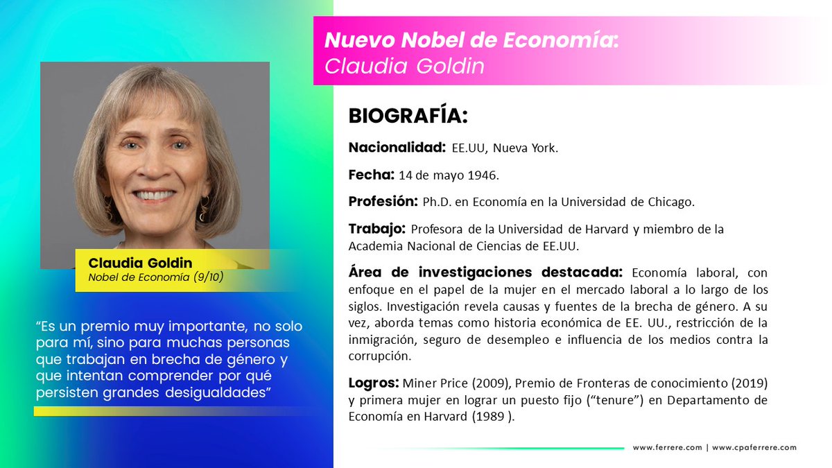 ferrere's tweet photo. La profesora de @Harvard Claudia Goldin recibió ayer el Nobel de Economía por sus estudios y su contribución en torno al rol de la mujer en la economía y en el mercado de trabajo.

🧵1/4 https://t.co/WFuggFHOJO