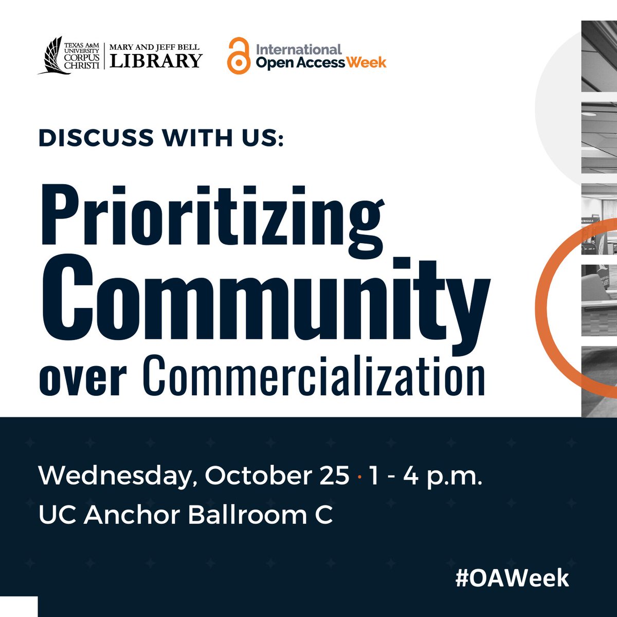 TAMUCCLibrary's tweet image. #OpenAccessWeek2023 is October 23-29! Join us in Anchor Ballroom C on Wed, October 25, 1-4 p.m. as we discuss prioritizing community over commercialization with special panelists.

For more info, visit guides.library.tamucc.edu/OpenAccess/OAW… or contact scholarlycommunications@tamucc.edu.