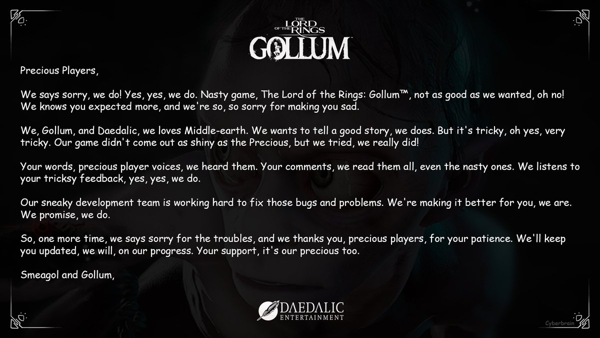 CyberbrainPC's tweet photo. If you are going to use AI to write an apology, at least do it like this! 

The Lord of the Rings: Gollum
#OneAIToRuleThemAll #LordOftheRings #Gollum #LordoftheringsGollum #Daedalic #Apology @GollumGame #GollumGame #Cyberbrain #ChatGPT @OpenAI #TheLordoftheRingsGollum #news #ai https://t.co/CtyzF10ZeB