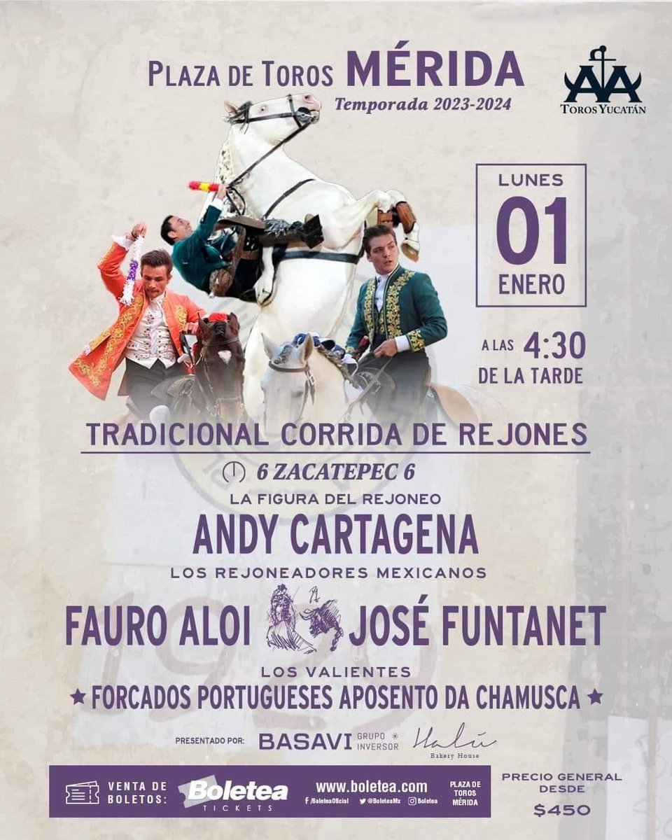 🪧 Cartel de la tradicional corrida de rejones de fin de año en #Mérida #Yucatan con toros de <a href="/Zacatepec_toros/">Ganadería Zacatepec</a> y los rejoneadores Andy Cartagena, Fauro Aloi y José Funtanet.