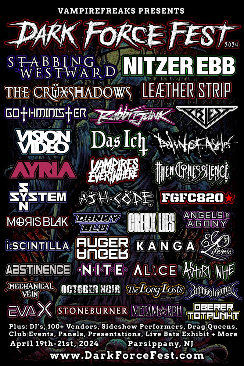 darkforcefest's tweet photo. VampireFreaks Presents Dark Force Fest 2024 Lineup:
April 19th - 21st, 2024 at the Sheraton Parsippany, NJ

More info and ticket links at:  https://t.co/8uPvZCi1vj

#DarkForceFest2024 #DarkForceFest #AlternativeMusic #VampireFreaks https://t.co/Ln52tM3ncU