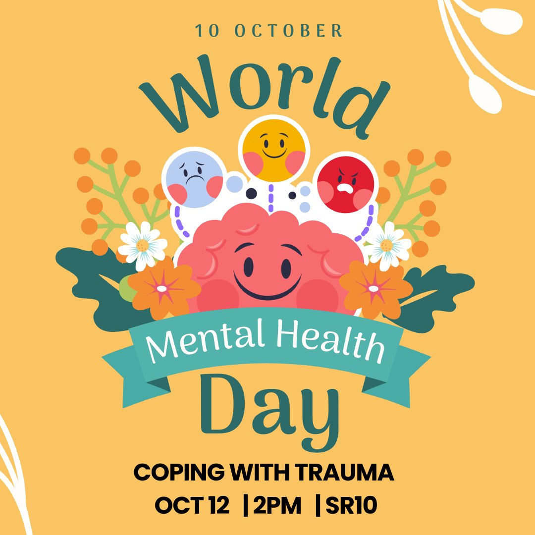FSSUWIMona's tweet image. 🌍✨ On World Mental Health Day, let's prioritize our well-being! Join us on October 12th for a powerful seminar on Coping with Trauma. 💚

Registration: mona-uwi-edu.zoom.us/meeting/regist…

#WMHD #MentalHealthMatters  #CopingWithTrauma