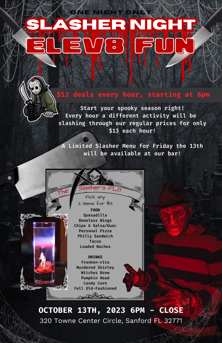 Elev8FunOrlando's tweet photo. Join us tonight for Slasher Night... But only if you DARE! We will be having scary good deals from 6 p.m. to close, including $13 activities every hour and a special themed food and drink menu. Can you muster the courage to join us on this wicked night of FUN adventures? https://t.co/y5dsjPbnm7