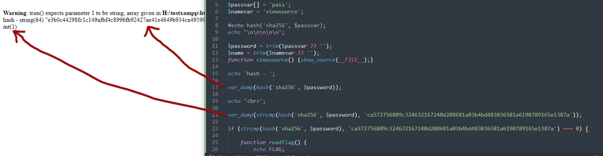 disasterharbor's tweet photo. @AnounimM @phithon_xg After the trim() call on password, it's blank (or NULL). If you do strcmp on the blank password vs the hash, it fails. I don't know why this has so many likes. Excuse the shitty arrows. https://t.co/ixv65Yxh0K