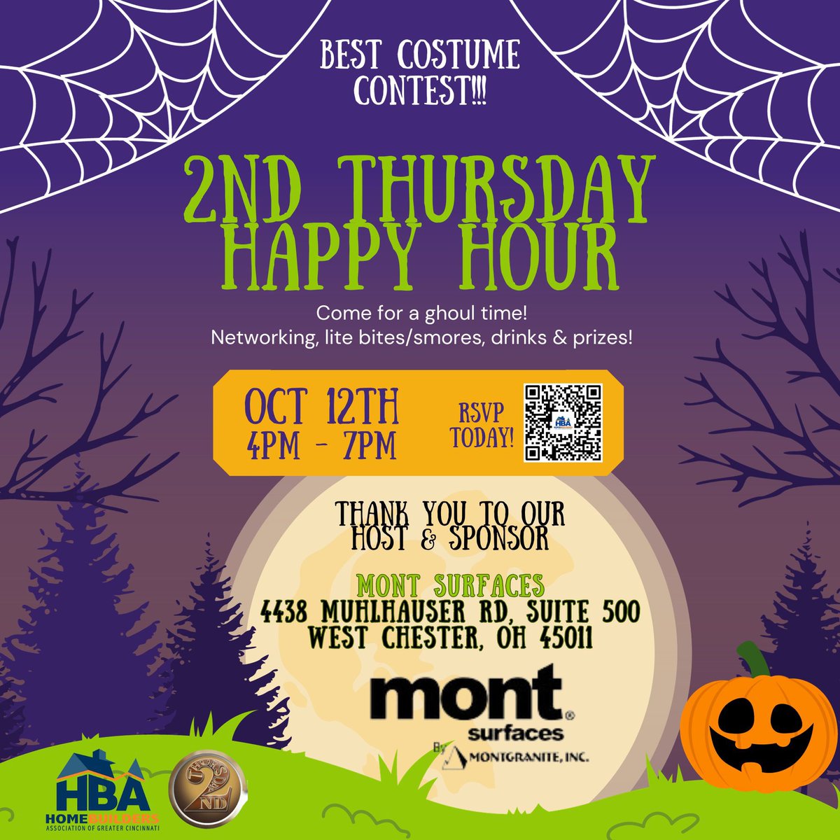 Meet us at Mont Surfaces for 2nd Thursday Happy Hour! 👻🎃 There will be complimentary lite bites 🥨, smores 🍫, and drinks 🍻, plus a 1st🥇 and 2nd🥈place prize for the best costumes 🦹🏽‍♀️🦸🏼‍♂️🦸🏿🦹🏼👨‍✈️👩🏽‍✈️! RSVPs are appreciated❣️❣️ Hope to see you there! 🤗🤗 CincyBuilders.com/events
