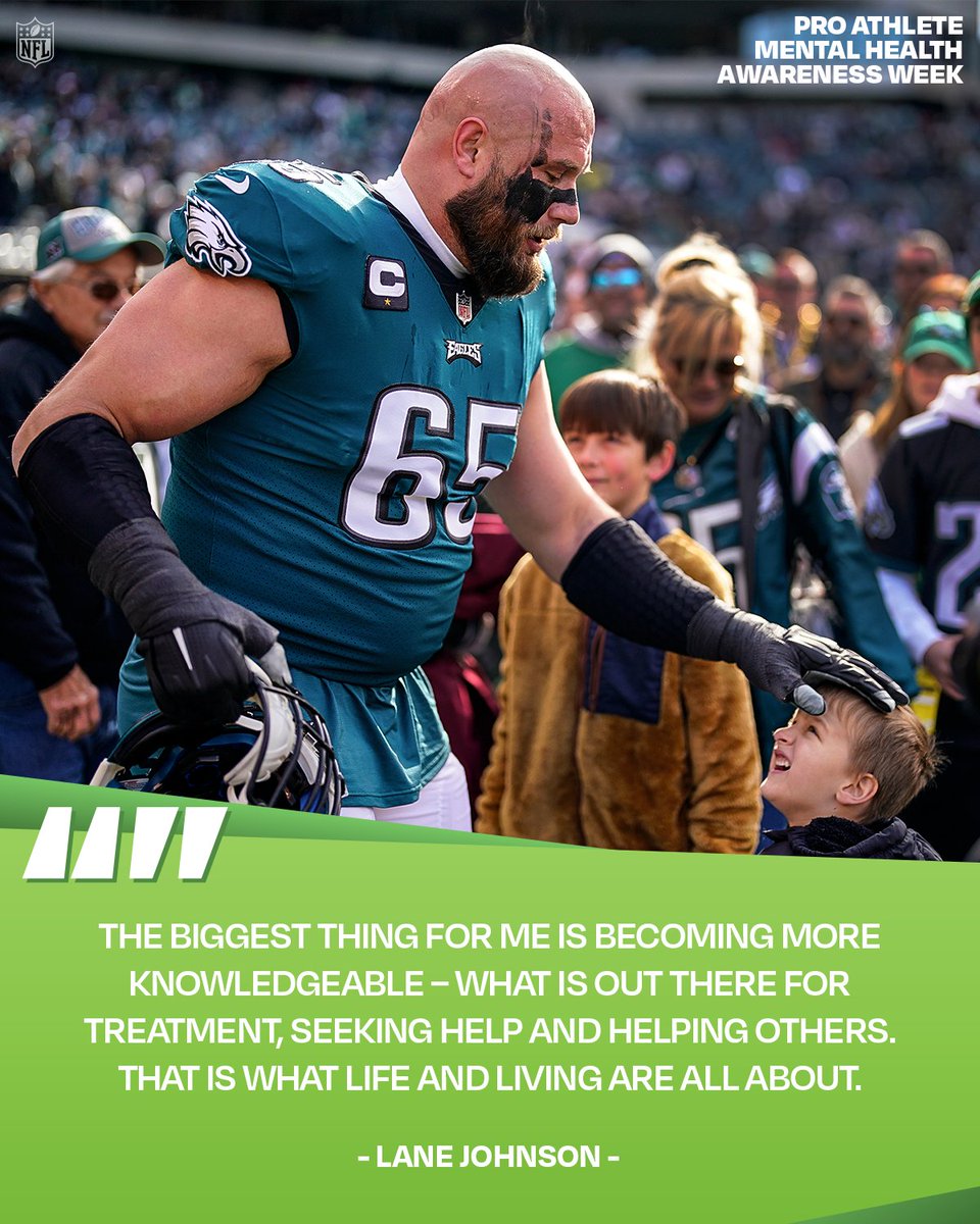 NFL's tweet photo. On #WorldMentalHealthDay, some very wise words on asking for help, being vulnerable, and prioritizing mental health from @Eagles OT, @LaneJohnson65. 💚 https://t.co/RKSCmYqbjH