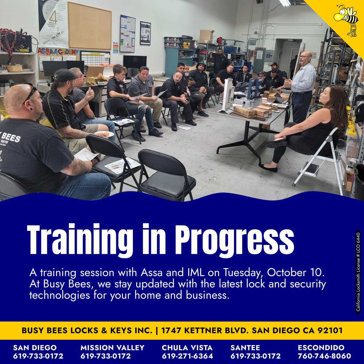 BusyBeesLocks's tweet photo. A training session with Assa &amp; IML on Tuesday, October 10. At Busy Bees Locks &amp; Keys, our technicians stay updated with the latest lock and security technologies for your home, business and vehicles.

#busybees #assa #assaabloy #locksmithtraining #training #locksmith #sandiego https://t.co/MVe8VPZ8XB
