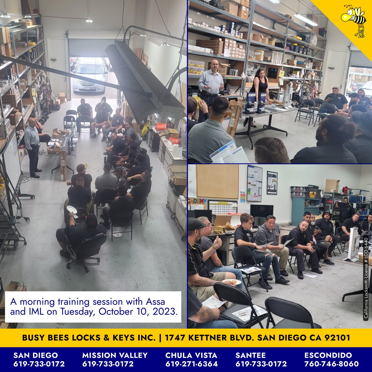 BusyBeesLocks's tweet photo. A training session with Assa &amp; IML on Tuesday, October 10. At Busy Bees Locks &amp; Keys, our technicians stay updated with the latest lock and security technologies for your home, business and vehicles.

#busybees #assa #assaabloy #locksmithtraining #training #locksmith #sandiego https://t.co/MVe8VPZ8XB