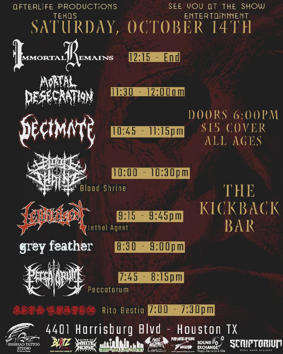 DecimateTx's tweet image. Houston TX this Saturday night!
We'll be live at The Kickback Bar.
$15 cover - All Ages - Doors 6:00pm