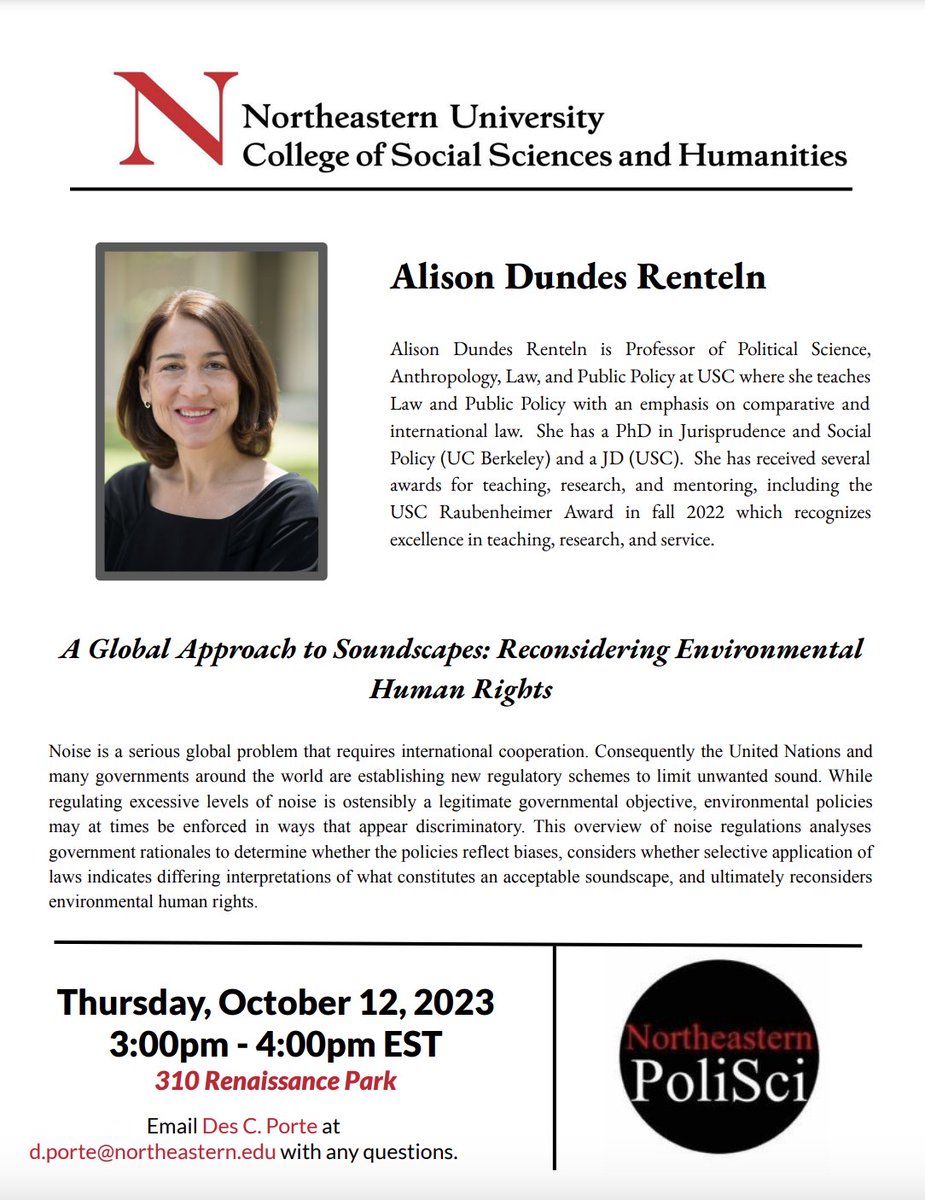 Join us for our upcoming talk, 'A Global Approach to Soundscapes: Reconsidering Environmental Human Rights', this Thursday, October 12th, 3-4pm in 310 RP.